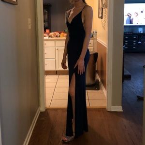 Navy blue long prom dress with slit